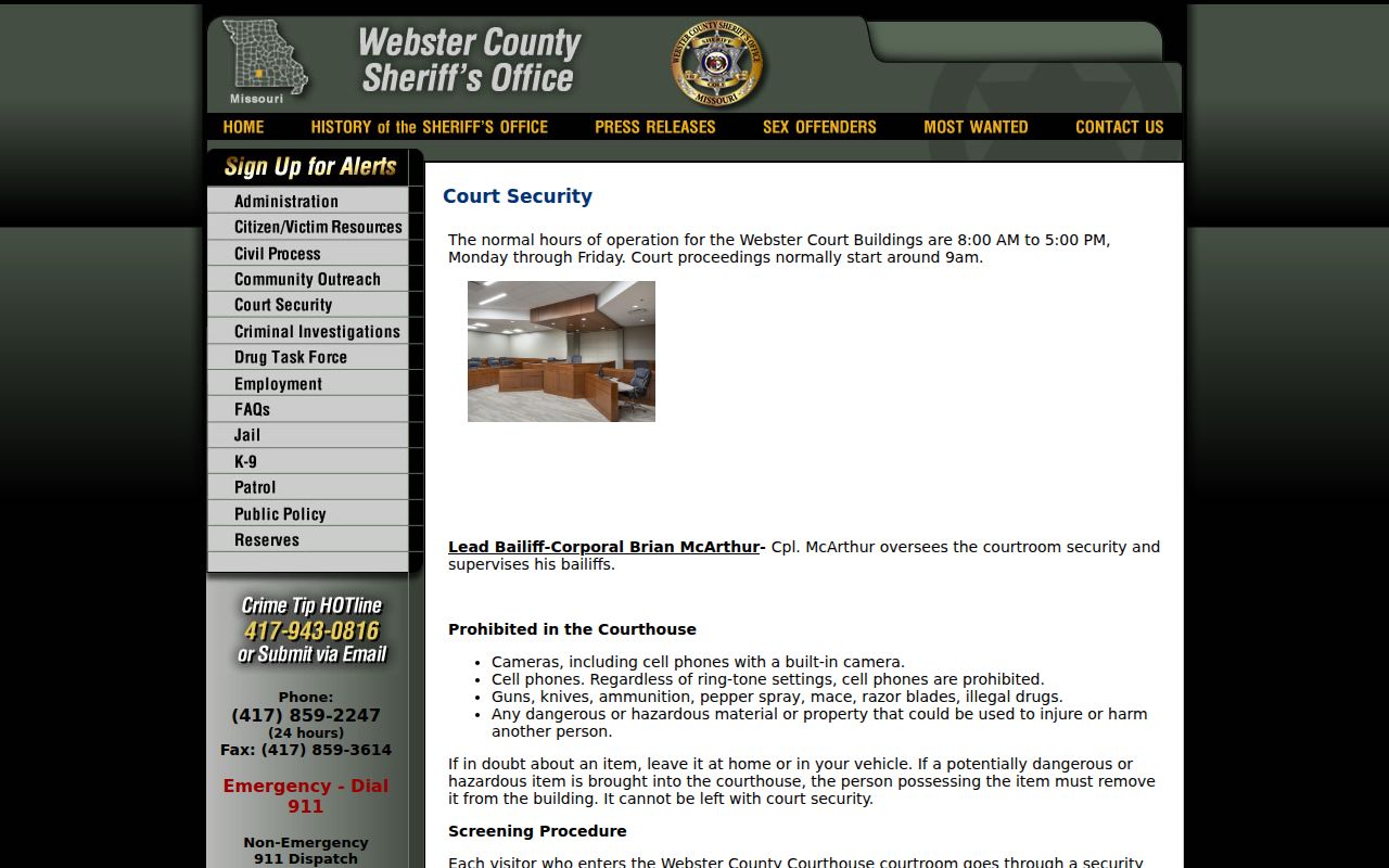 Webster County court security and building hours