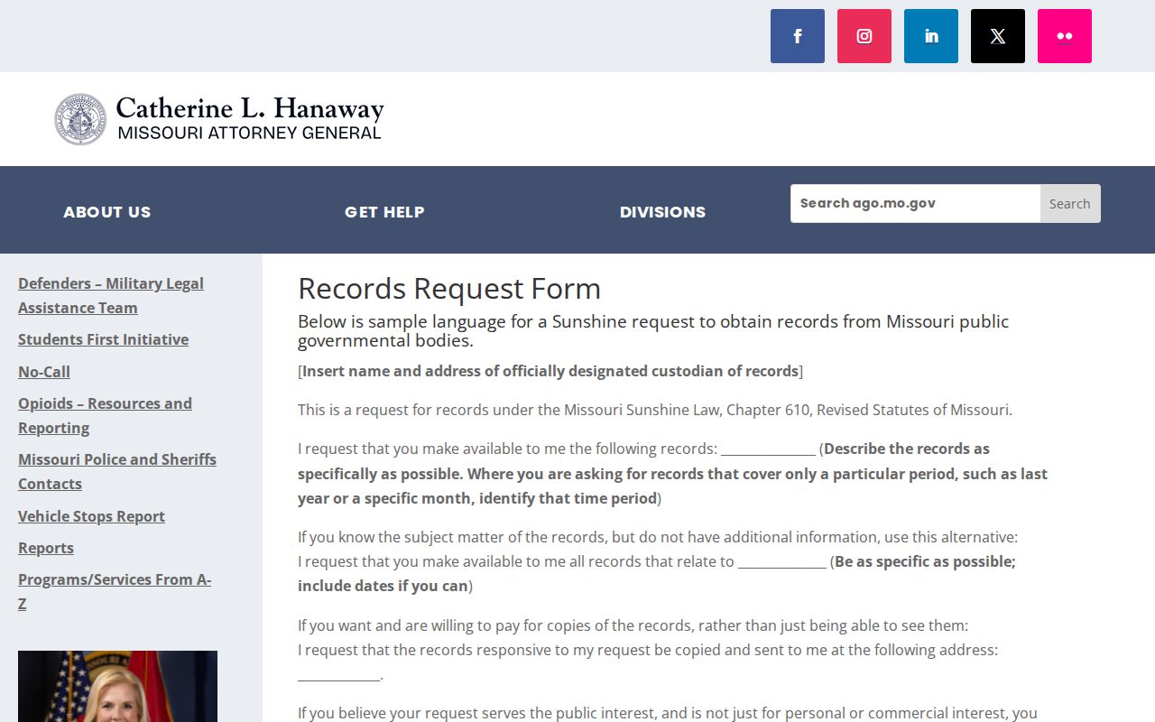 Official Missouri records request fields